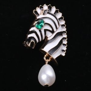 Zebra brooch pin vintage style pearl enamel emerald crystal stone New